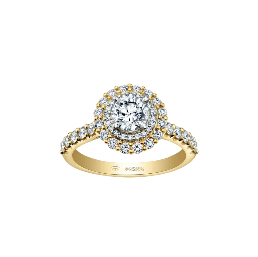 Crafted in 18kt Canadian Certified Gold, this engagement ring features a double halo with a round brilliant-cut Canadian centre diamond on a diamond set band.