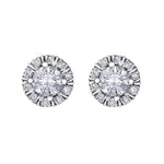 Crafted in 18KT white Certified Canadian gold, these stud earrings feature melee diamond fur-trim halos with round brilliant-cut Canadian centre diamonds. 