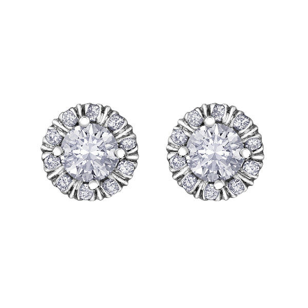 Crafted in 18KT white Certified Canadian gold, these stud earrings feature melee diamond fur-trim halos with round brilliant-cut Canadian centre diamonds. 