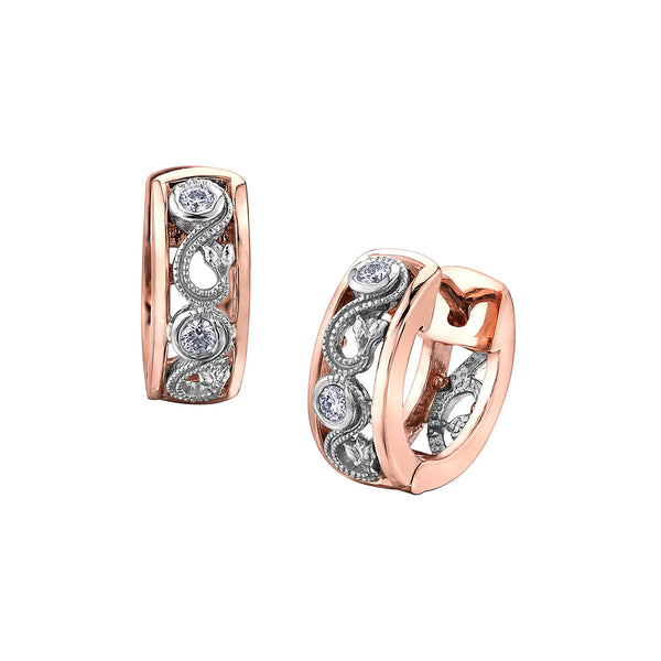Crafted in 14KT white and rose Certified Canadian Gold, these huggie earrings feature a rose vine design set with round brilliant-cut Canadian diamonds.