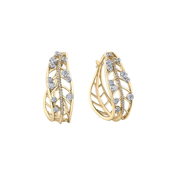 Crafted in 14KT Canadian Certified Gold, these hoop earrings each feature a willow tree leaf set with round brilliant-cut Canadian diamonds. 