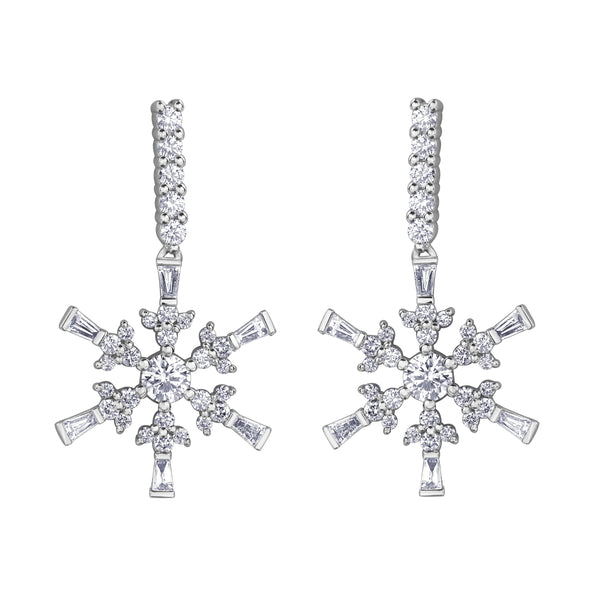 Crafted in 14KT white Certified Canadian Gold, these  dangling earrings each feature a snowflake set with round brilliant-cut Canadian diamonds.