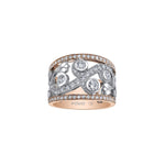 Crafted in rose and white 14KT Candian Certified Gold, this ring features a rose vine design set with round brilliant-cut Canadian diamonds and diamond set rims.