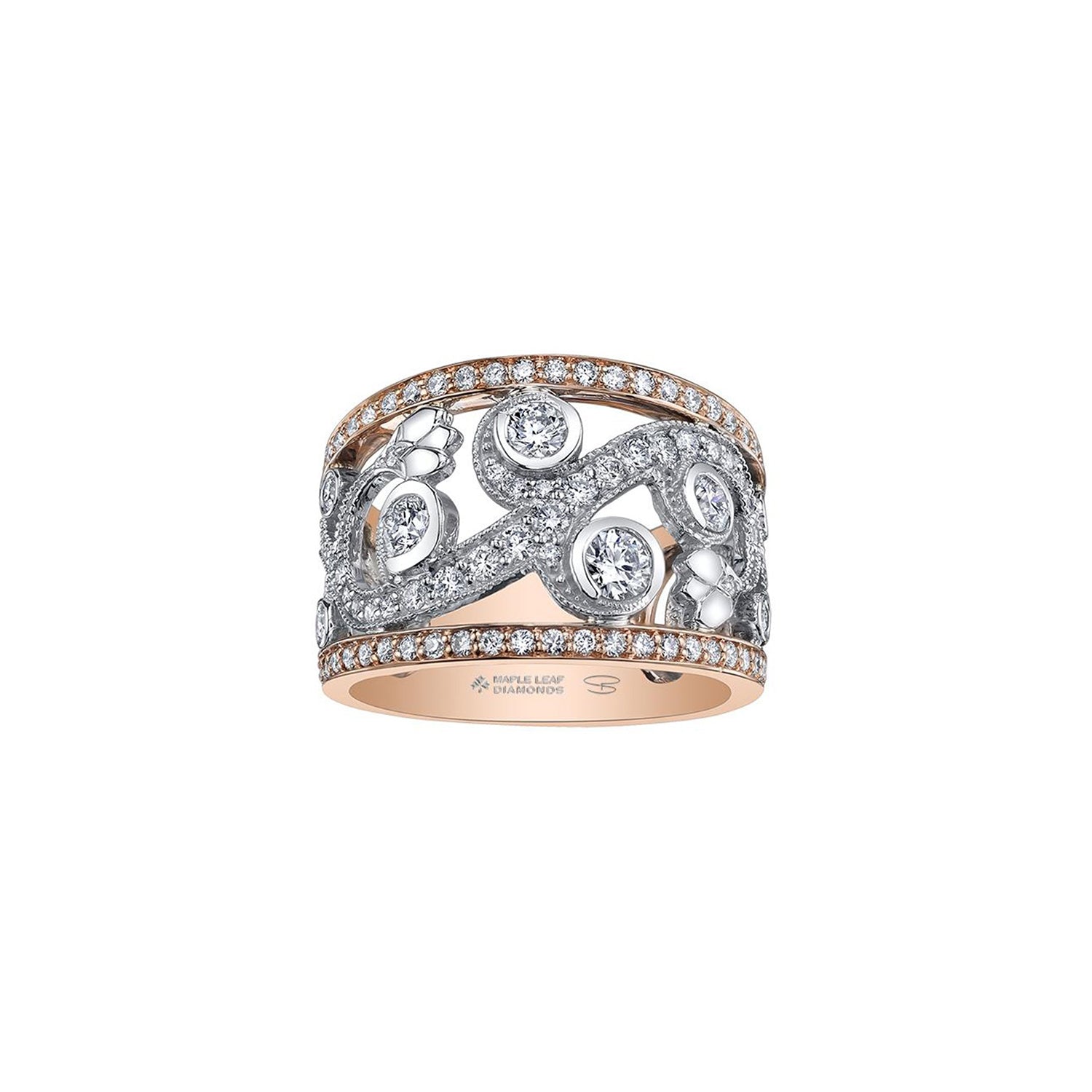 Crafted in rose and white 14KT Candian Certified Gold, this ring features a rose vine design set with round brilliant-cut Canadian diamonds and diamond set rims.