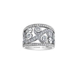 Crafted in white 14KT Canadian Certified Gold, this ring features a rose vine design set with round brilliant-cut Canadian diamonds and diamond set rims.