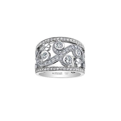 Crafted in white 14KT Canadian Certified Gold, this ring features a rose vine design set with round brilliant-cut Canadian diamonds and diamond set rims.