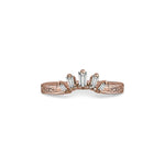 Crafted in 14KT rose gold, this crown inspired ring features 5 tapered baguette diamonds in a row on a vintage-inspired hand engraved band.