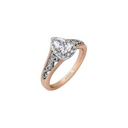 Crafted in 18KT white and rose Certified Canadian Gold, this engagement ring features a diamond halo with a pear-shaped Canadian centre diamond on a diamond set band with a rose vine design. 