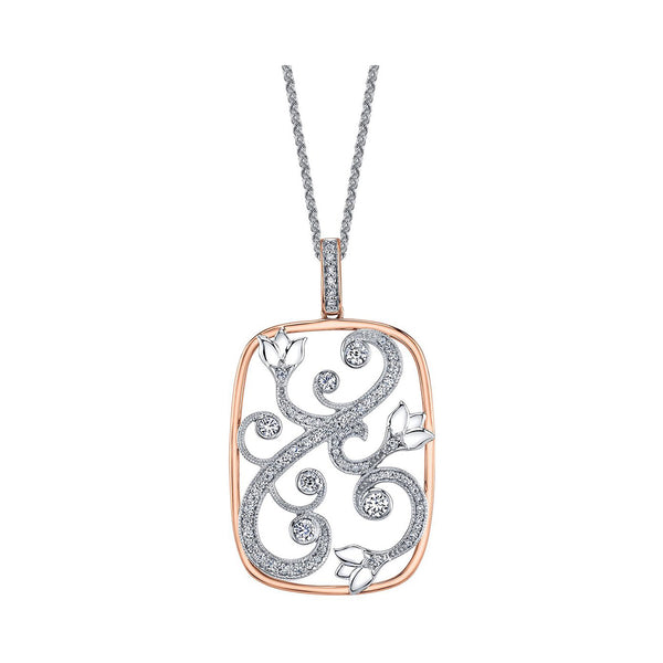 Crafted in rose and white 14KT Canadian Certified Gold, this necklace features a pendant with a round brilliant-cut Canadian diamond set rose vine design.