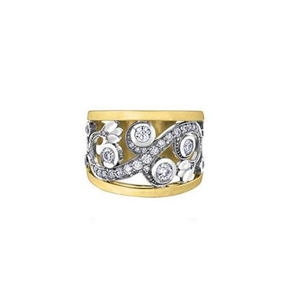 Crafted in yellow and white 14KT Candian Certified Gold, this ring features a rose vine design set with round brilliant-cut Canadian diamonds. 