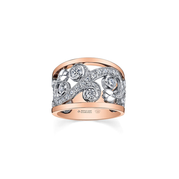 Crafted in rose and white 14KT Candian Certified Gold, this ring features a rose vine design set with round brilliant-cut Canadian diamonds. 
