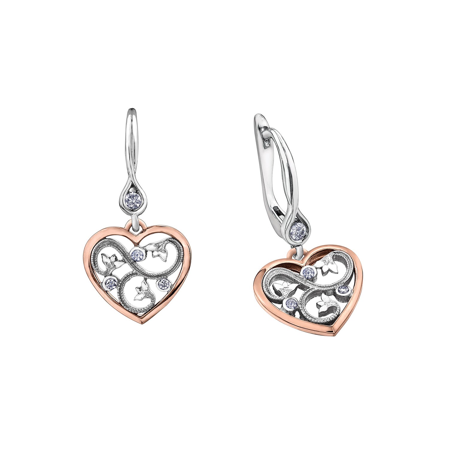 Crafted in 14KT white and rose Certified Canadian Gold, these drop earrings feature a rose vine design set with round brilliant Canadian diamonds all enclosed in heart shapes.