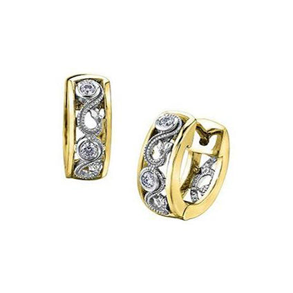 Crafted in 14KT white and yellow Certified Canadian Gold, these huggie earrings feature a rose vine design set with round brilliant-cut Canadian diamonds.