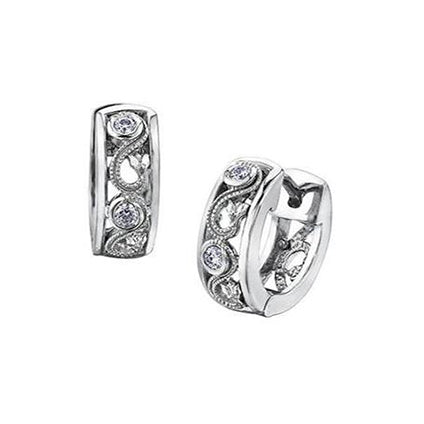 Crafted in 14KT white Certified Canadian Gold, these huggie earrings feature a rose vine design set with round brilliant-cut Canadian diamonds.