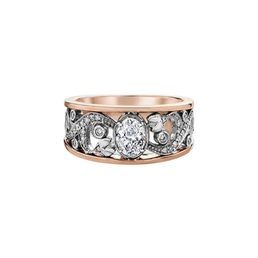 Crafted in 18kt Pure White™ and rose 18KT Certified Canadian Gold, this engagement ring features a diamond set rose vine design with an oval-cut Canadian centre diamond.