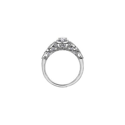 Crafted in 18kt Pure White™, this diamond set rose vine engagement ring features an oval-cut Canadian centre diamond in a diamond set halo. 