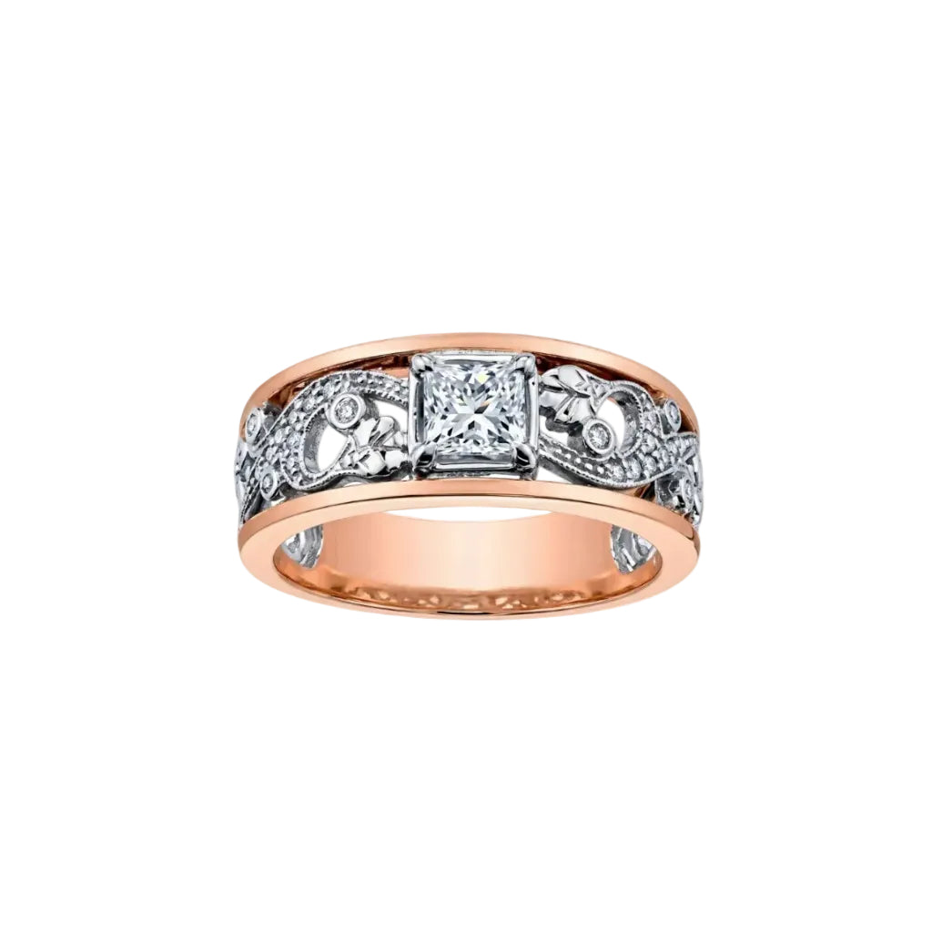 Crafted in 18kt Pure White™ and rose 18KT Certified Canadian Gold, this engagement ring features a diamond set rose vine design with a princess-cut Canadian centre diamond. 