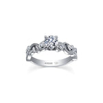 Crafted in white 18KT Canadian Certified Gold, this ring features a diamond set rose vine band cradling a round brilliant-cut Canadian centre diamond.