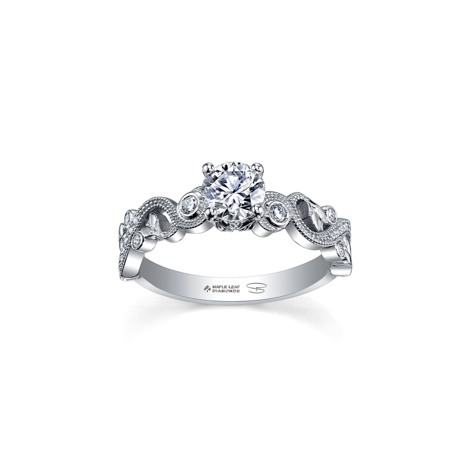 Crafted in white 18KT Canadian Certified Gold, this ring features a diamond set rose vine band cradling a round brilliant-cut Canadian centre diamond.