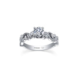 Crafted in white 18KT Canadian Certified Gold, this ring features a diamond set rose vine band cradling a round brilliant-cut Canadian centre diamond.