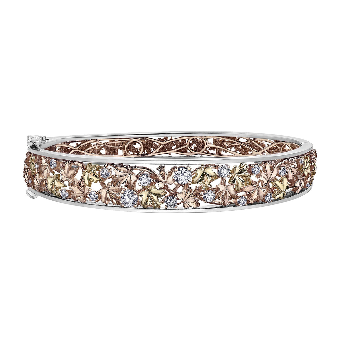 Crafted in 14KT rose, white and yellow Certified Canadian Gold, this bracelet features maple leafs and round brilliant-cut Canadian diamonds.