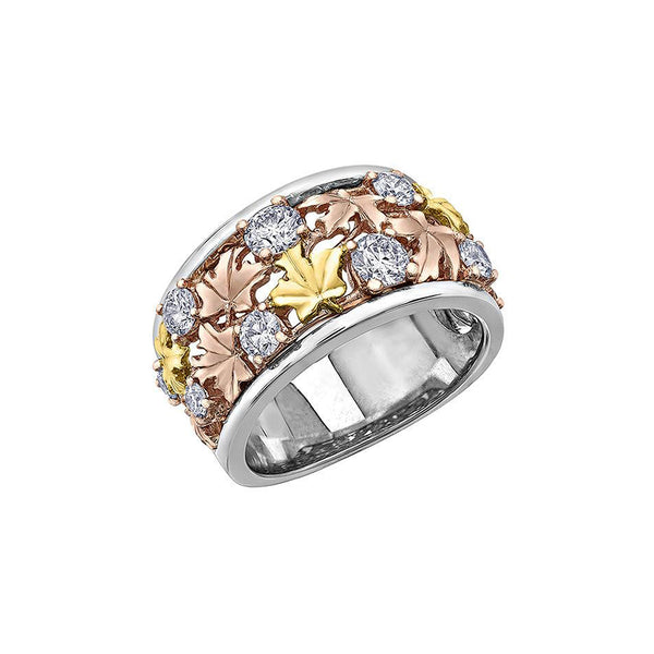 Crafted in 14KT rose, white and yellow Certified Canadian Gold, this ring features maple leafs and round brilliant-cut Canadian diamonds. 