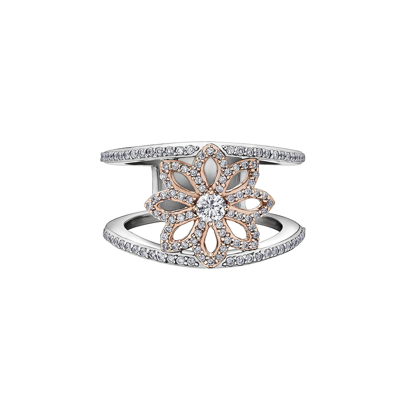 Crafted in 14Kt Certified Canadian Gold, this ring features a water lily flower with a round brilliant-cut Canadian centre diamond. 