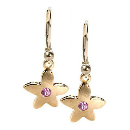 Crafted in 14KT yellow gold, these drop earrings each feature a flower  with a pink sapphire centre. 