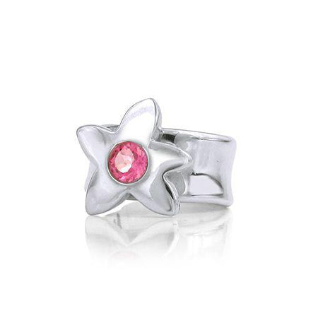 Crafted in sterling silver, this ring features a large flower with a pink tourmaline centre. 