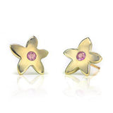 Crafted in 14KT yellow gold, these stud earrings each feature a flower with a pink sapphire centre. 
