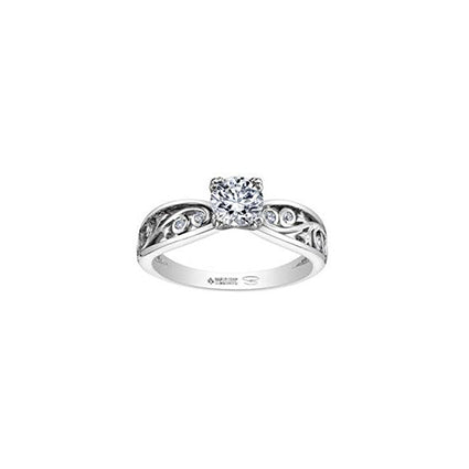 Crafted in 18KT white Canadian Certified Gold, this ring features an infinity symbol shaped band with a diamond set rose vine design and a round brilliant-cut centre diamond.