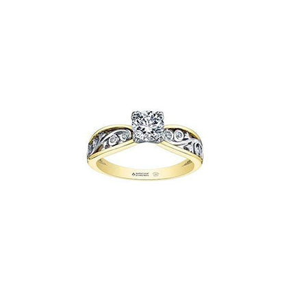 Crafted in yellow and white 18KT Canadian Certified Gold, this ring features an infinity symbol shaped band with a diamond set rose vine design and a round brilliant-cut centre diamond.