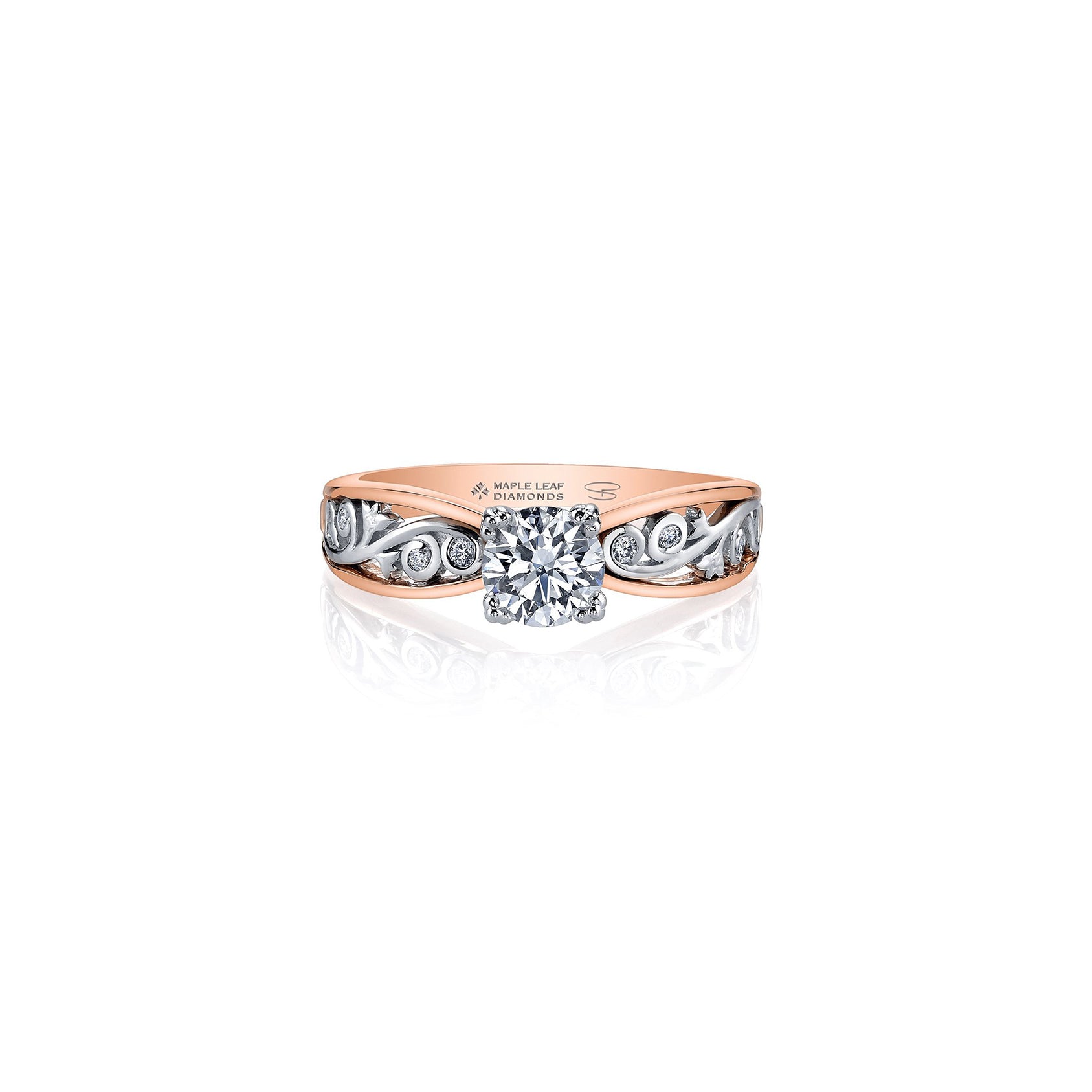 Crafted in rose and white 18KT Canadian Certified Gold, this ring features an infinity symbol shaped band with a diamond set rose vine design and a round brilliant-cut centre diamond.