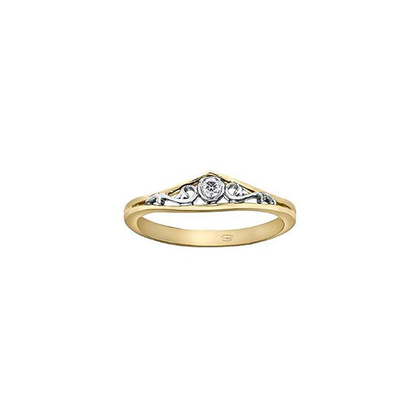Crafted in yellow and white 18KT Canadian Certified Gold, this tiara shaped ring features a round brilliant-cut Canadian diamond cradled by rose vines.