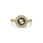 Crafted in 14KT yellow gold, this ring features a diamond halo with a grey rose-cut diamond centre and a quilted band. 