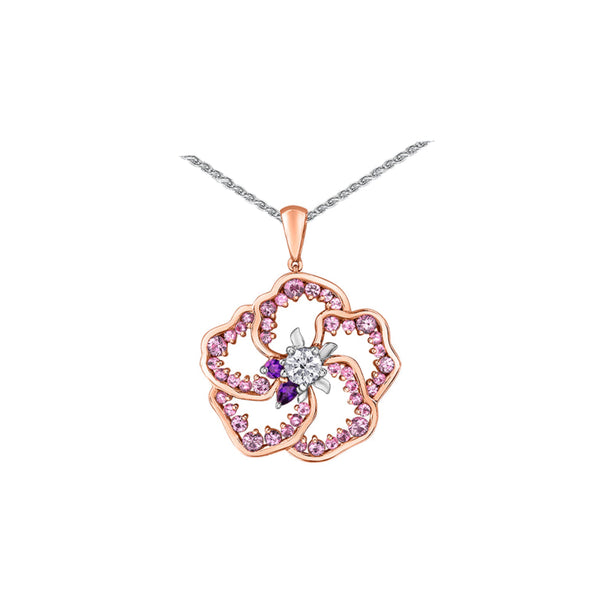 Crafted in 14KT white and rose Certified Canadian Gold, this pendant features a wildflower set with round brilliant-cut Canadian diamonds, amethyst and pink sapphires.