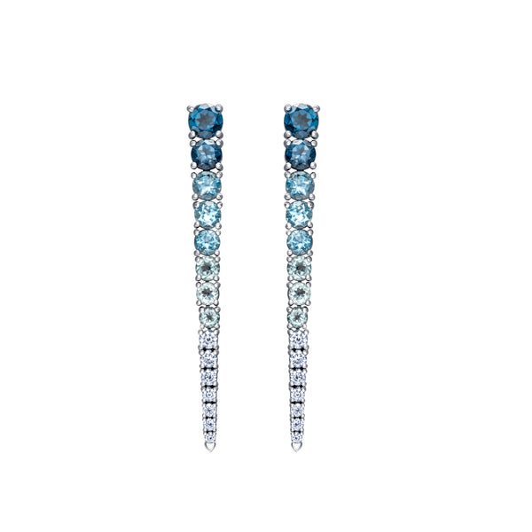 Crafted in 14KT white Certified Canadian Gold, these earrings feature blue topaz and round brilliant-cut Canadian diamonds set in the shape of an icicle.