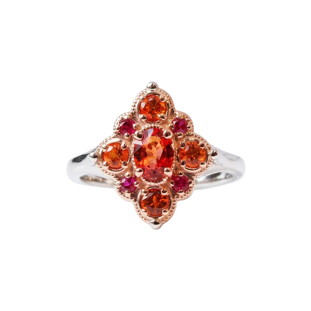 Crafted in 14KT rose and white gold, this ring features round and oval-cut orange and red sapphires set in a diamond shape. 