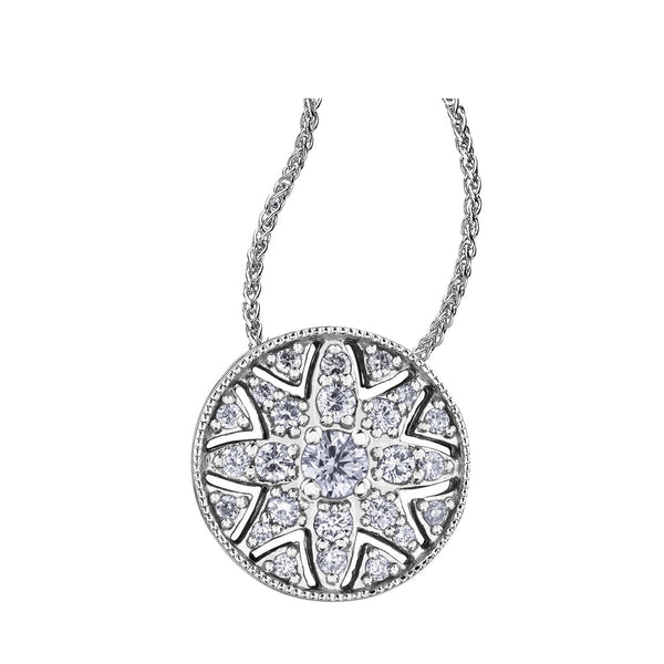 Crafted in 14KT Certified Canadian Gold, this necklace features a filigree water lily pendant with round brilliant-cut diamonds.