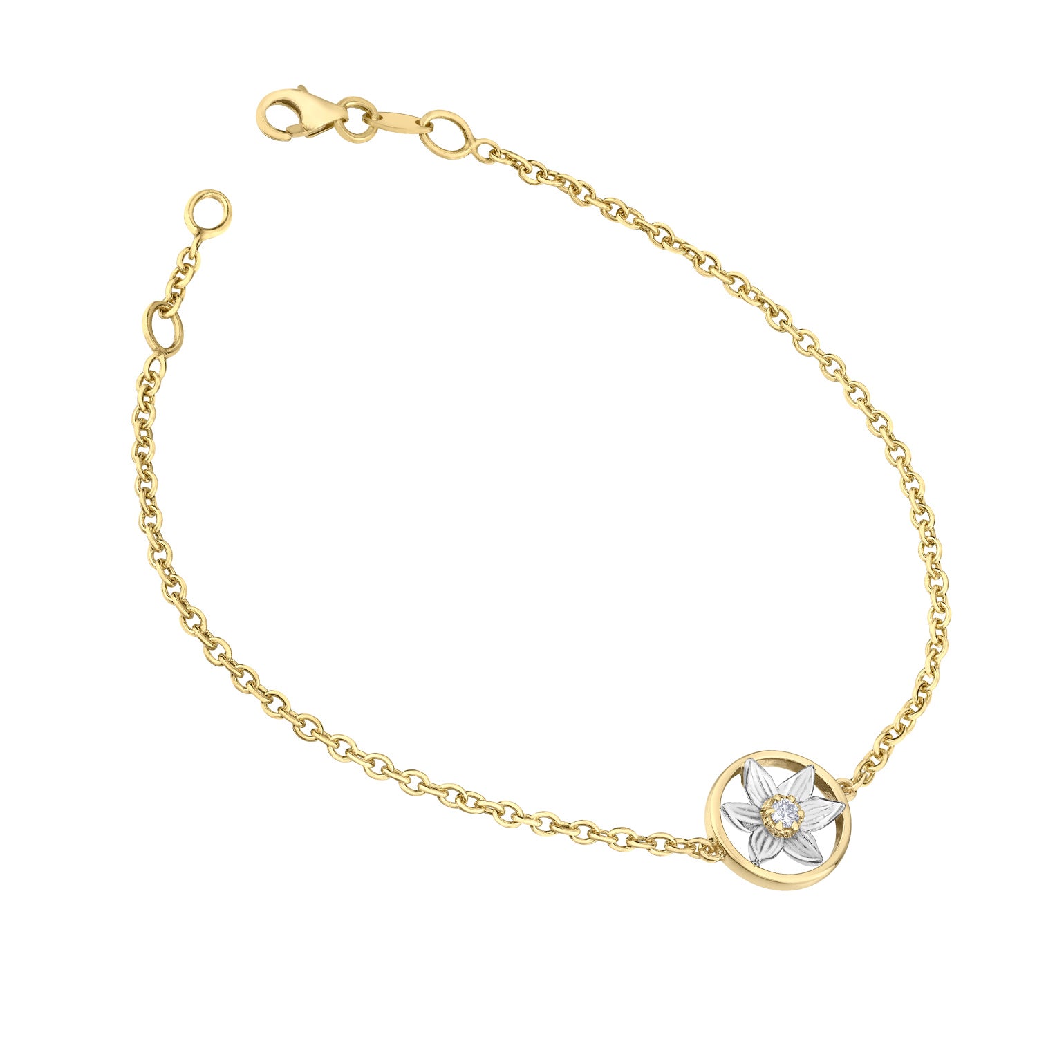 Crafted in 14KT white and yellow Certified Canadian Gold, this bracelet features a Manitoba prairie crocus flower set with a round brilliant-cut Canadian diamond