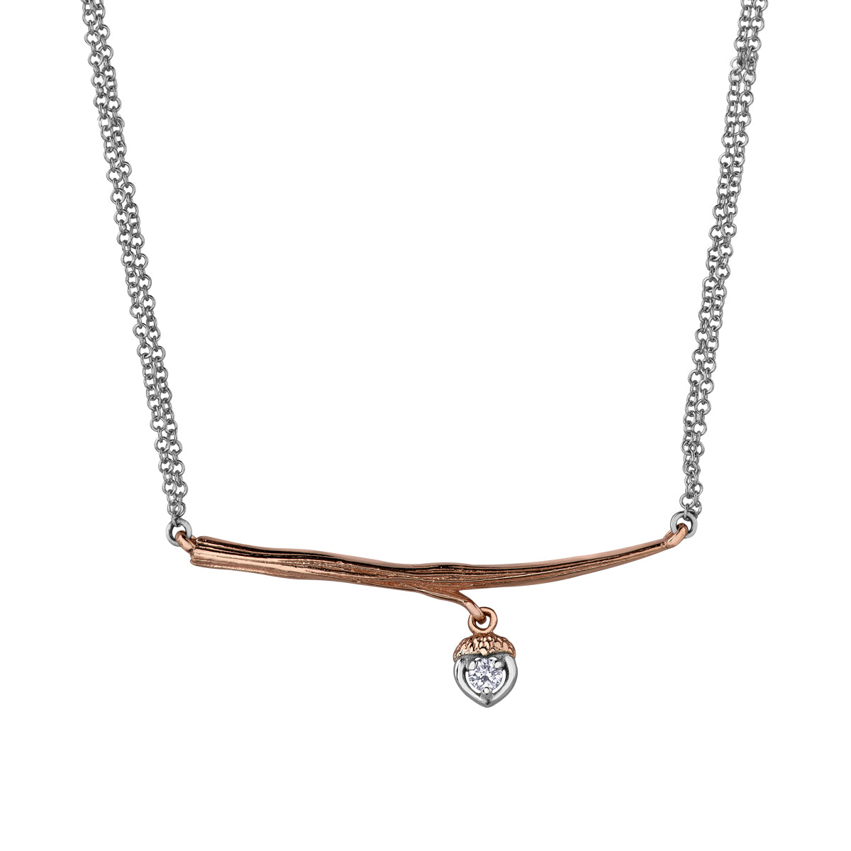Crafted in 14KT rose Canadian Certified Gold, this necklace features a branch with an acorn charm set with a round brilliant-cut Canadian diamond. 