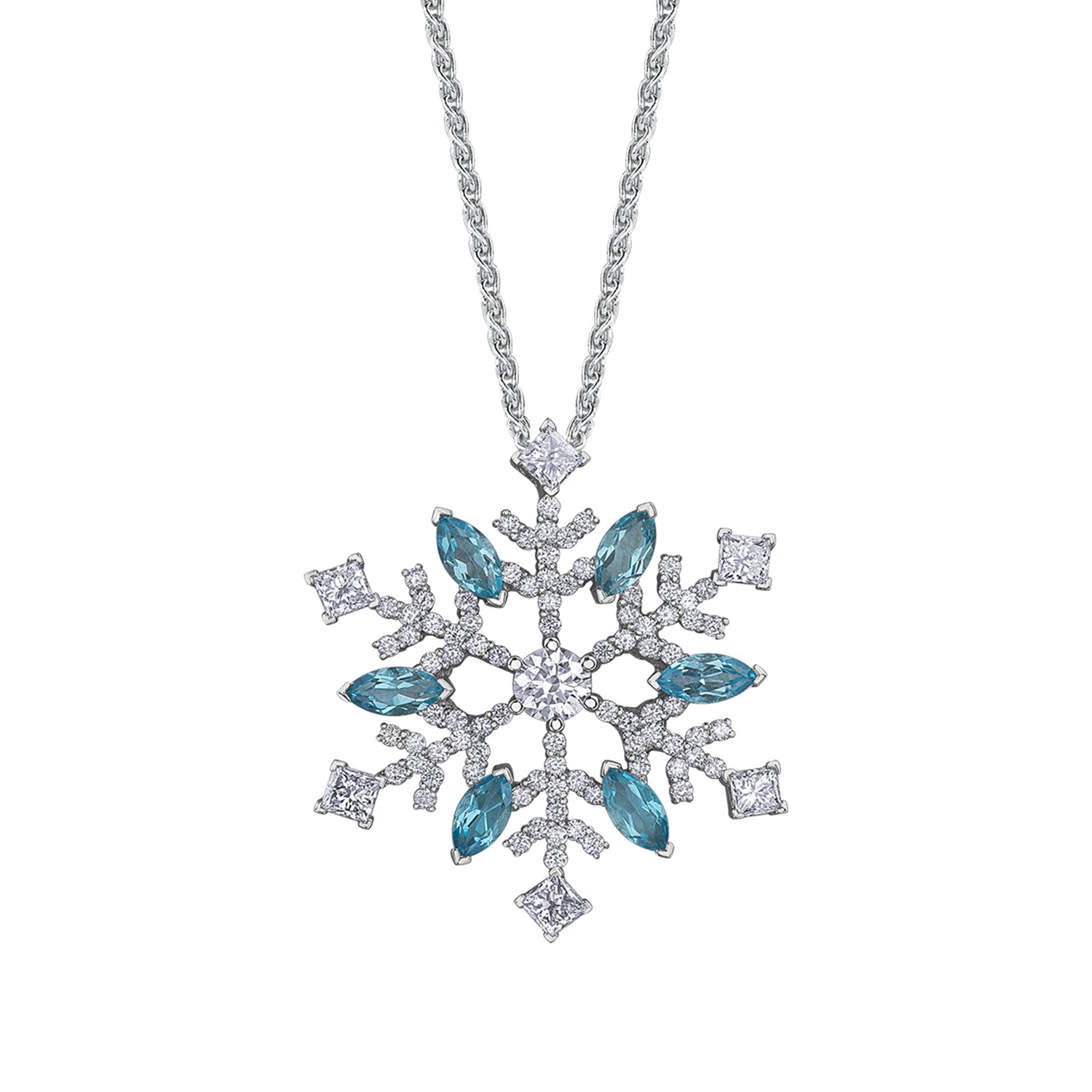 Crafted in 14KT white Certified Canadian Gold, this pendant features a snowflake set with blue topaz and round brilliant-cut Canadian diamonds.