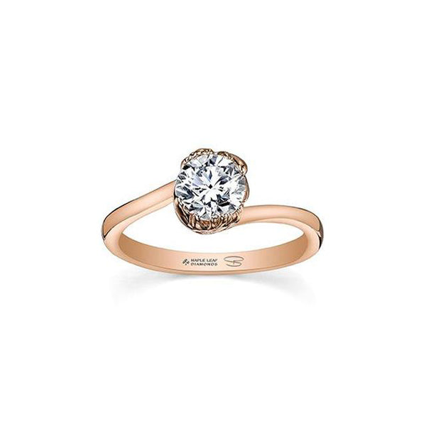 Crafted in 14KT rose Certified Canadian Gold, this ring features two maple leafs cradling a round brilliant-cut Canadian diamond. 