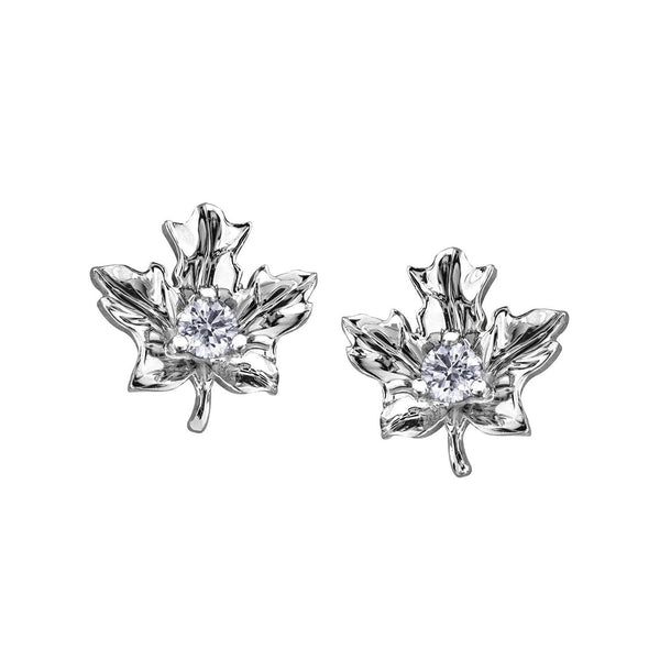 Crafted in 14KT white Certified Canadian Gold, these maple leaf stud earrings are set with round brilliant-cut Canadian diamonds. 