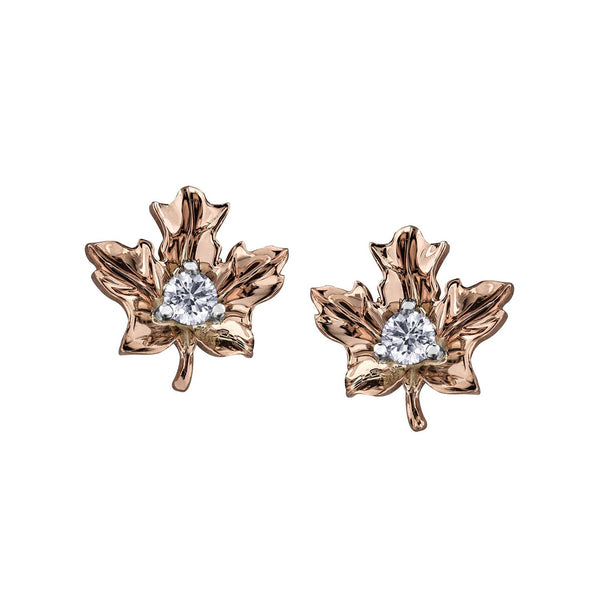 Crafted in 14KT rose Certified Canadian Gold, these maple leaf stud earrings are set with round brilliant-cut Canadian diamonds. 