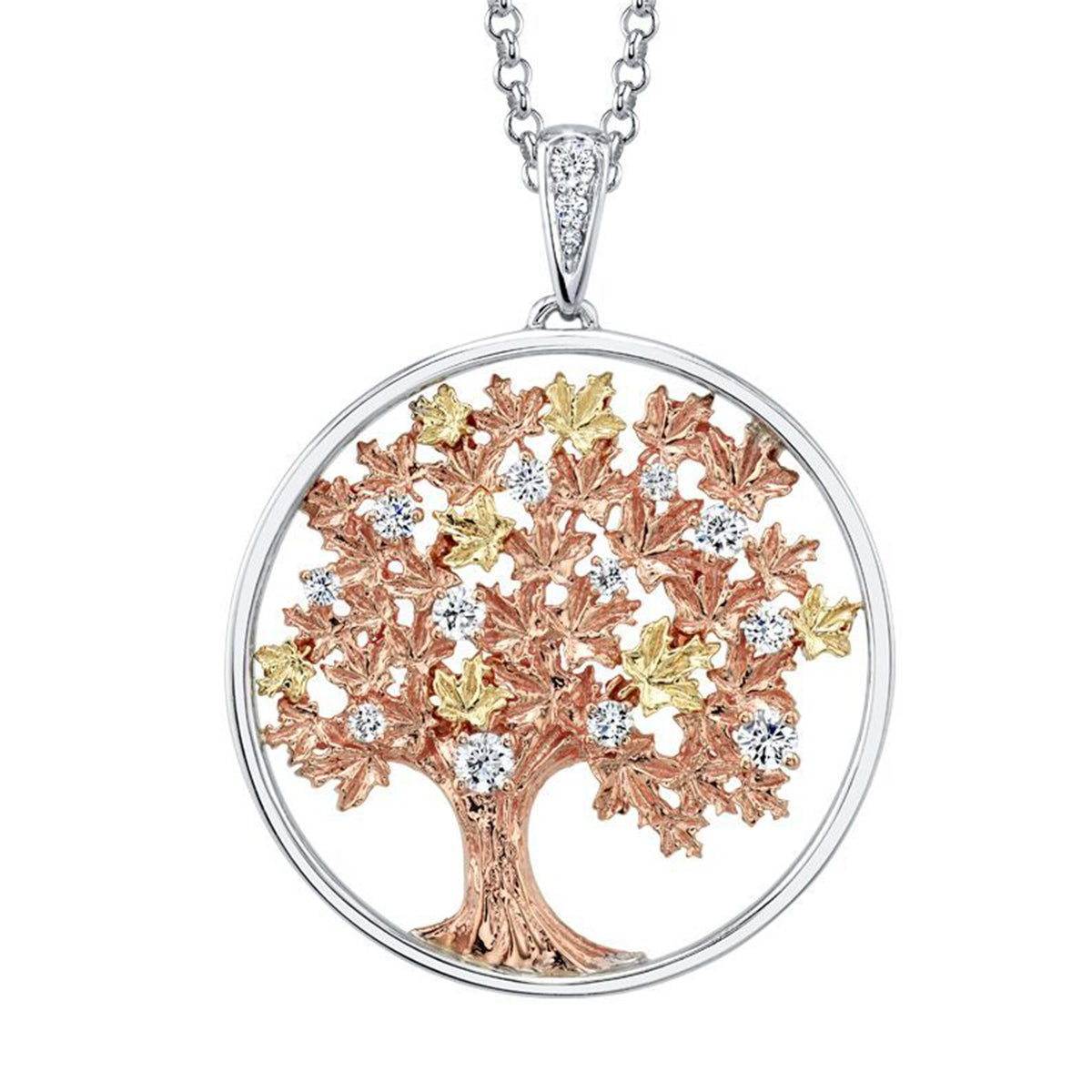 Crafted in 14KT rose, white and yellow Certified Canadian Gold, this pendant features a maple tree set with round brilliant-cut Canadian diamonds. 