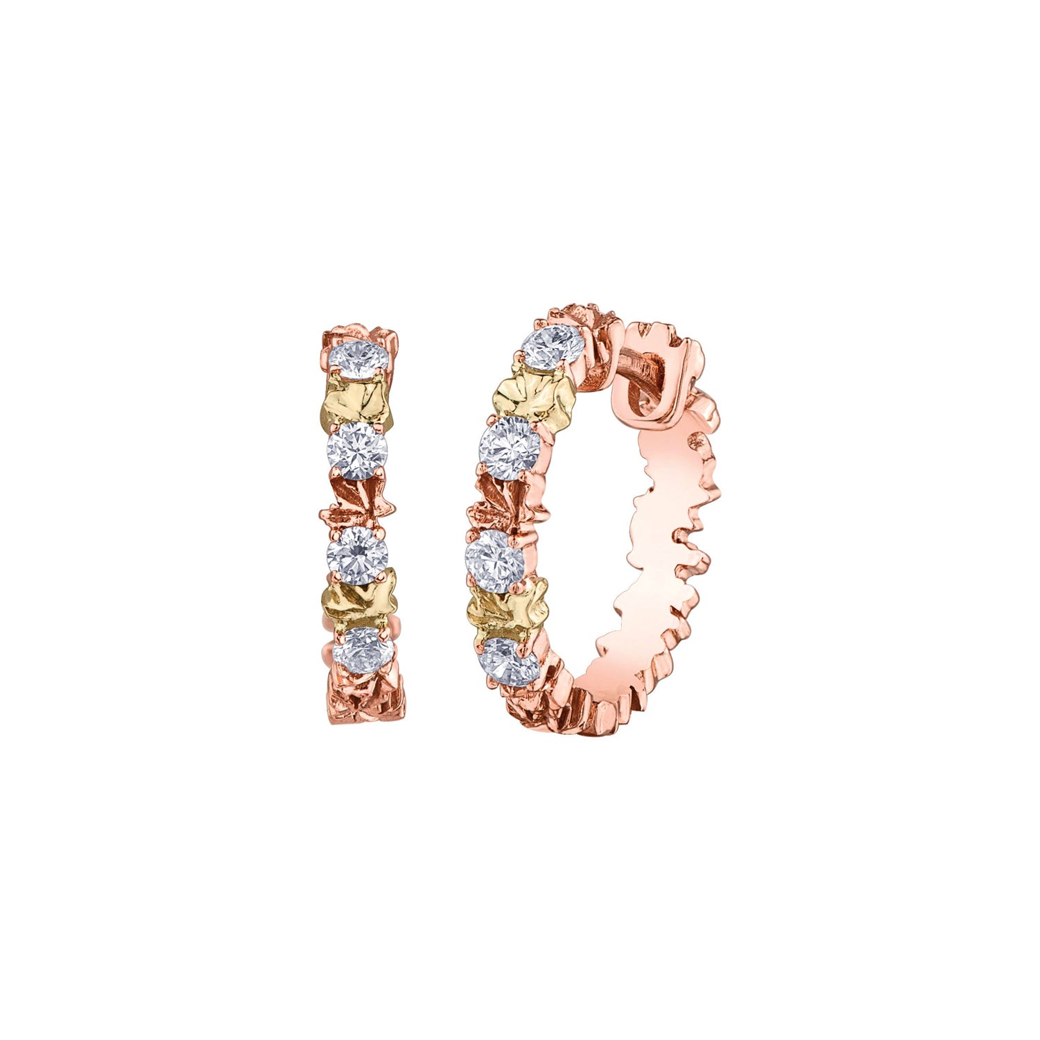 A pair of rose gold hoop earrings with Canadian mined round diamonds, with autumn hue maple leaves. Huggie style hoops