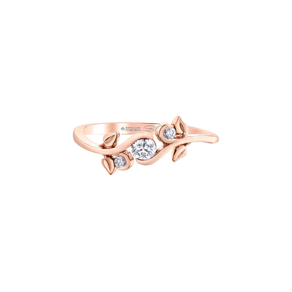 Crafted in 14KT rose Canadian Certified Gold, this ring features a vine set with three round brilliant-cut Canadian diamonds.