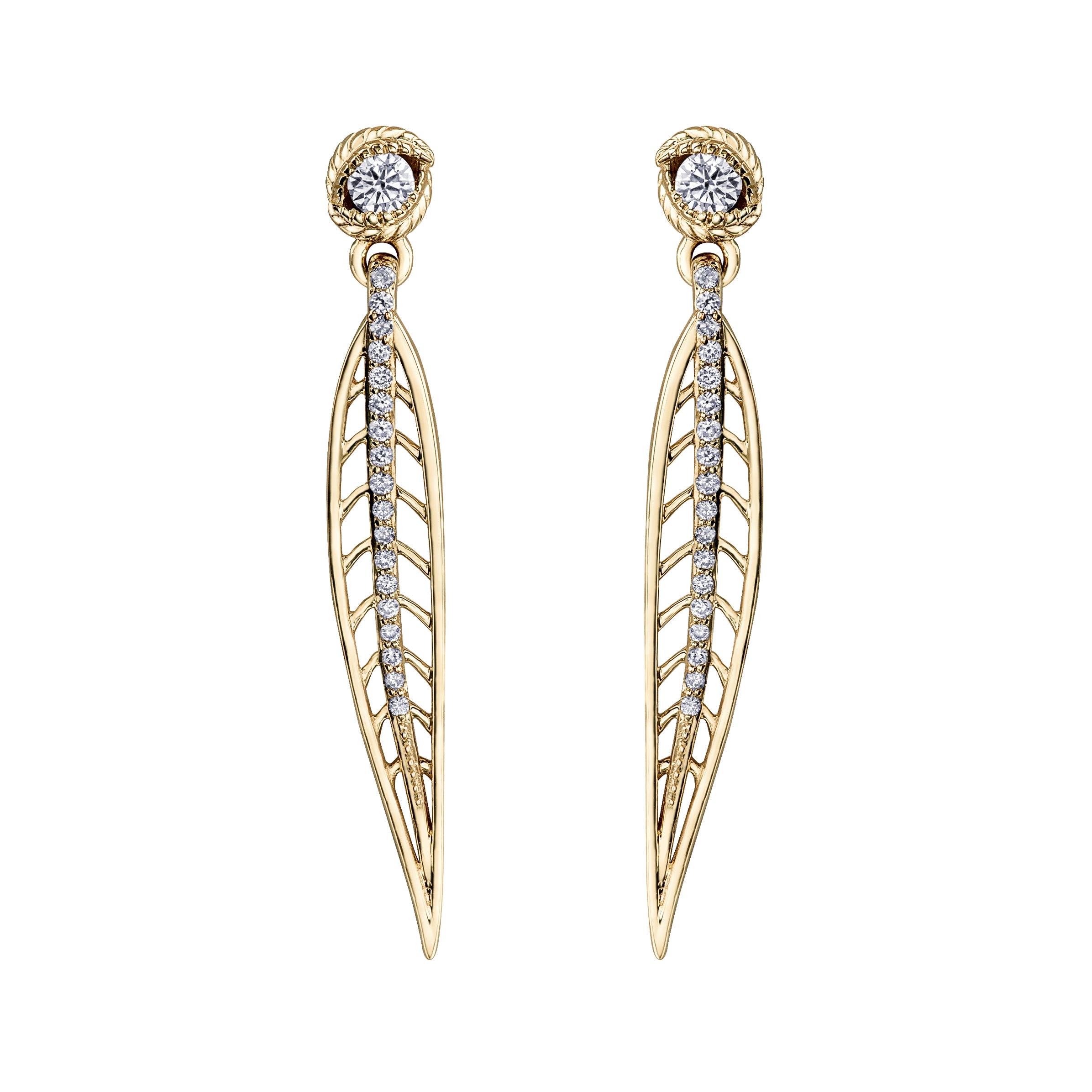 Crafted in 14KT yellow Canadian Certified Gold, these earrings each feature a willow tree leaf dangling from a stud set with a round brilliant-cut Canadian diamond.