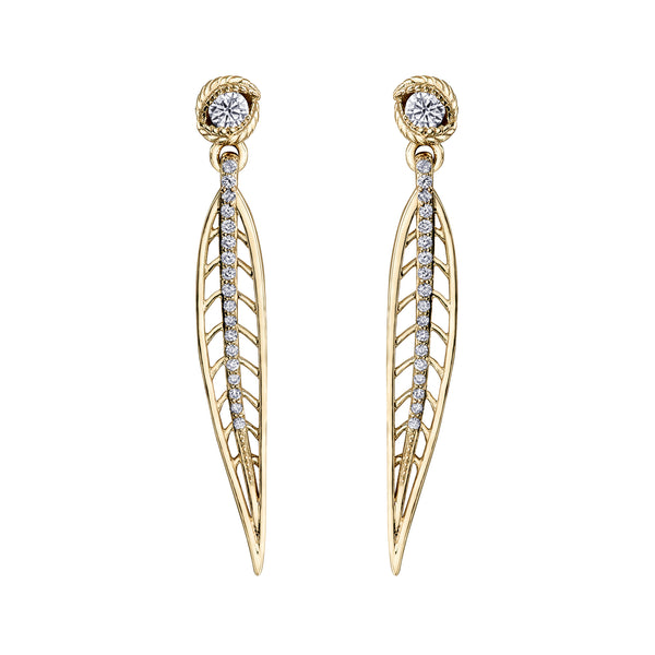 Crafted in 14KT yellow Canadian Certified Gold, these earrings each feature a willow tree leaf dangling from a stud set with a round brilliant-cut Canadian diamond.